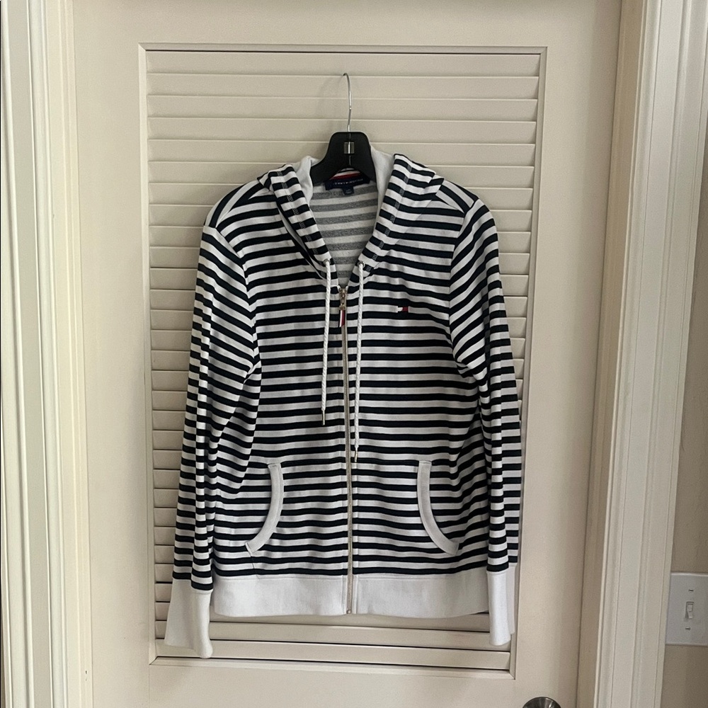 Tommy Hilfiger Black and White Striped Zip-Up Hoodie